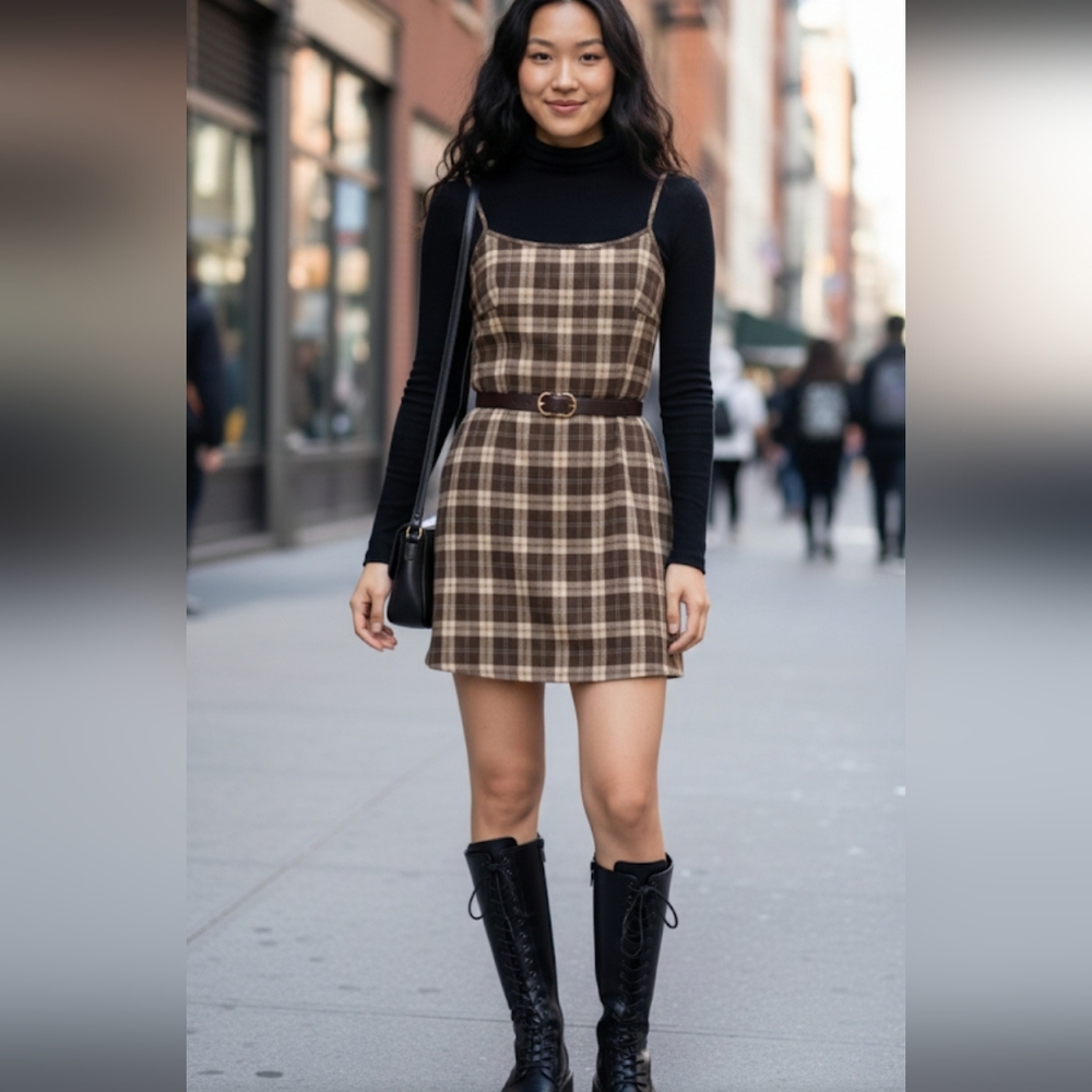 ARITZIA SUNDAY BEST Brown Plaid Adjustable Straps Mini Dress Size 8